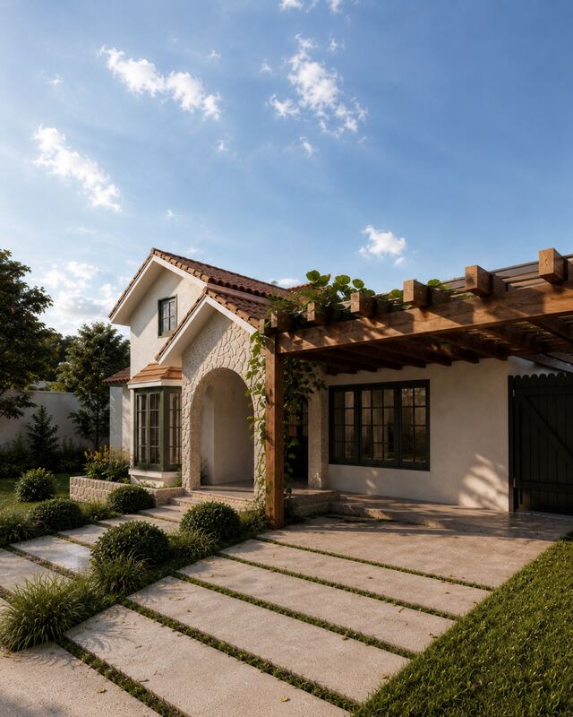 Fachada de casa com pergolado de madeira e jardim