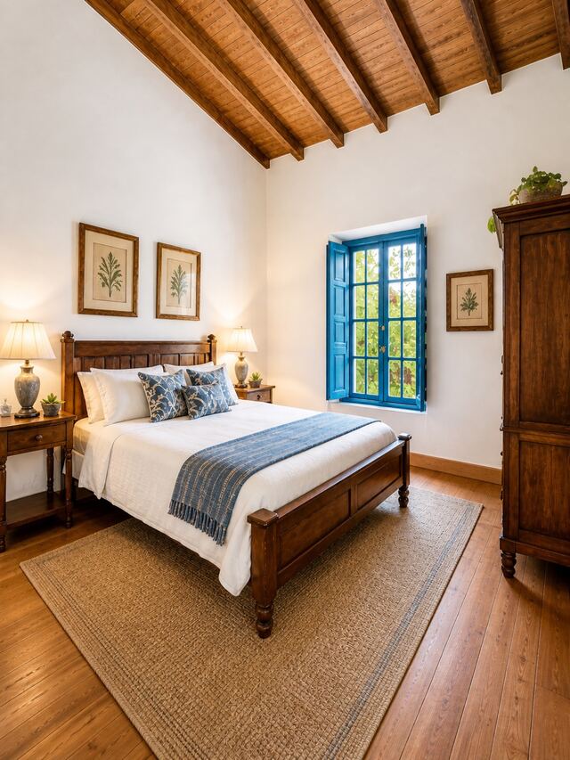 Quarto clássico com teto de madeira aparente e janela azul